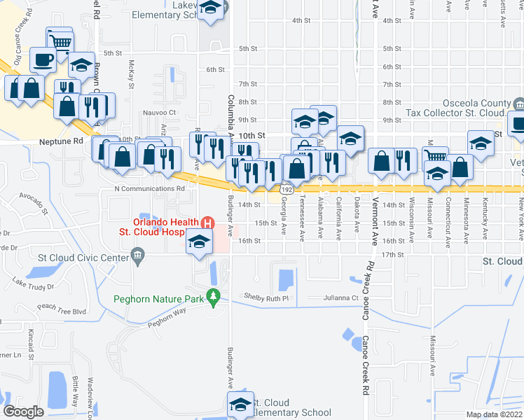 map of restaurants, bars, coffee shops, grocery stores, and more near 1406 Louisiana Avenue in Saint Cloud