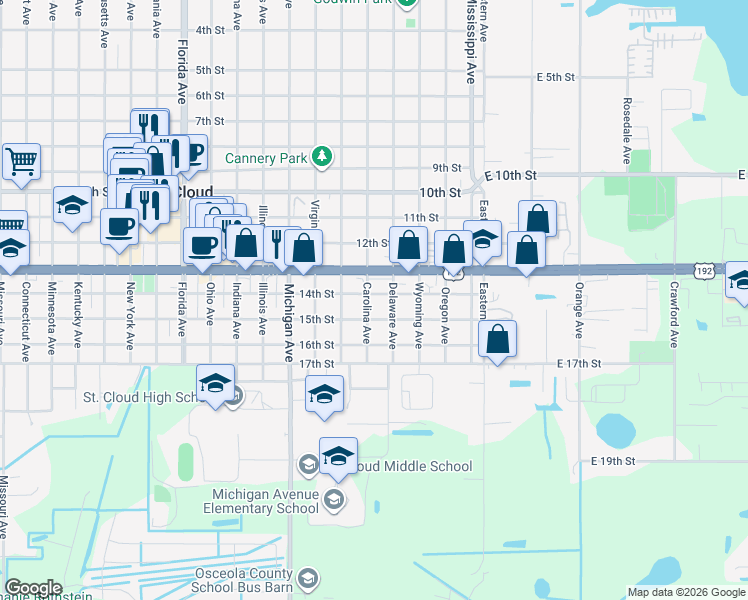 map of restaurants, bars, coffee shops, grocery stores, and more near 351 14th Street in St. Cloud