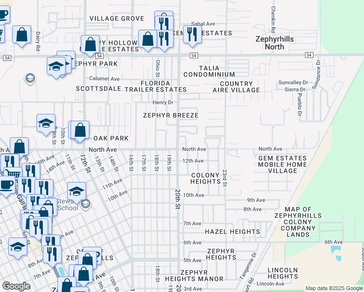 map of restaurants, bars, coffee shops, grocery stores, and more near 6013 Green Drive in Zephyrhills