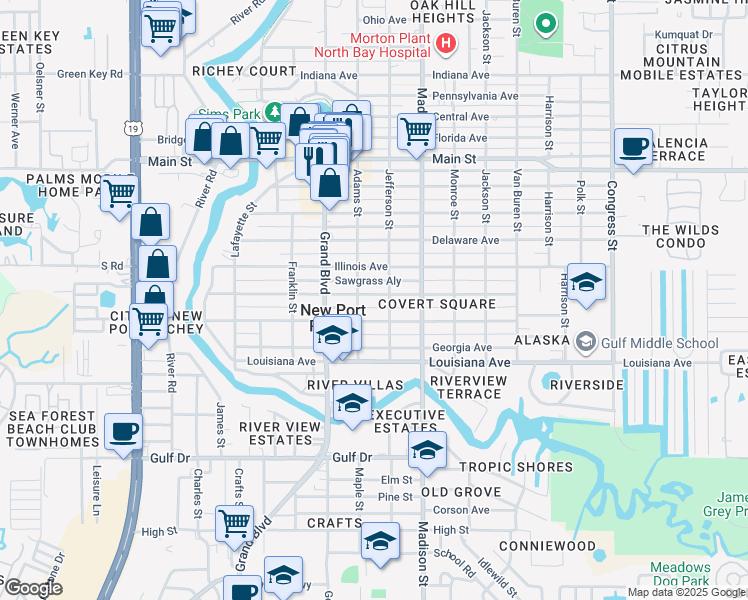 map of restaurants, bars, coffee shops, grocery stores, and more near 5838 Wyoming Avenue in New Port Richey