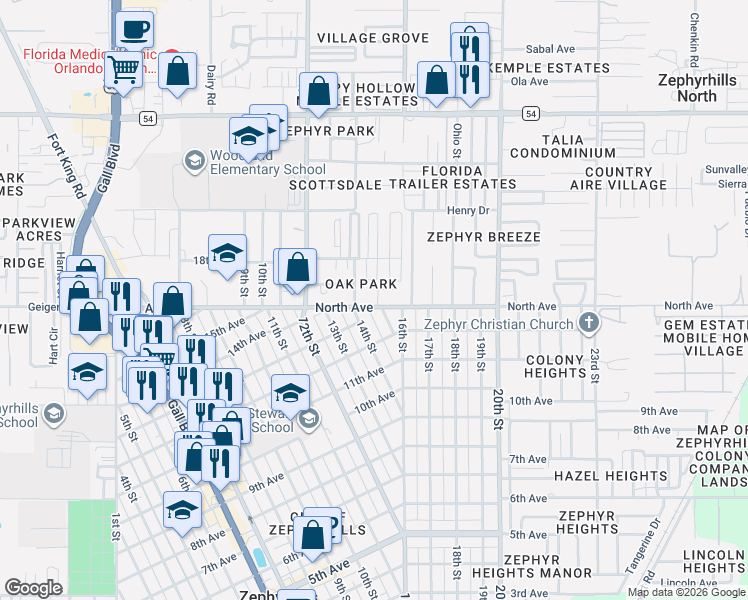 map of restaurants, bars, coffee shops, grocery stores, and more near 6014 14th Street in Zephyrhills