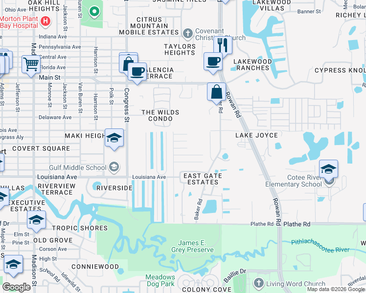 map of restaurants, bars, coffee shops, grocery stores, and more near 6801 Huckleberry Drive in New Port Richey