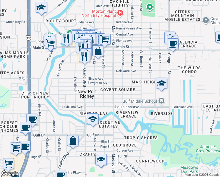 map of restaurants, bars, coffee shops, grocery stores, and more near 5940 Wyoming Avenue in New Port Richey