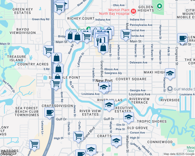 map of restaurants, bars, coffee shops, grocery stores, and more near 5702 Wyoming Avenue in New Port Richey