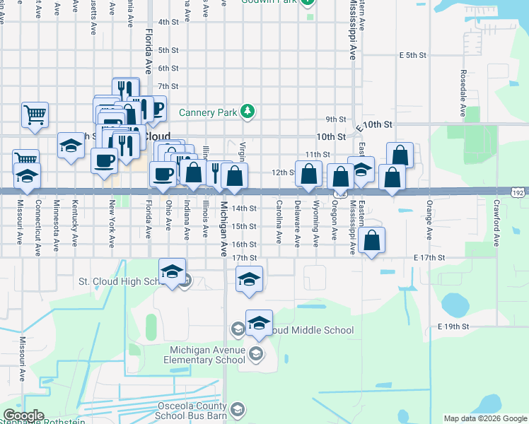 map of restaurants, bars, coffee shops, grocery stores, and more near 1401 Maryland Avenue in St. Cloud