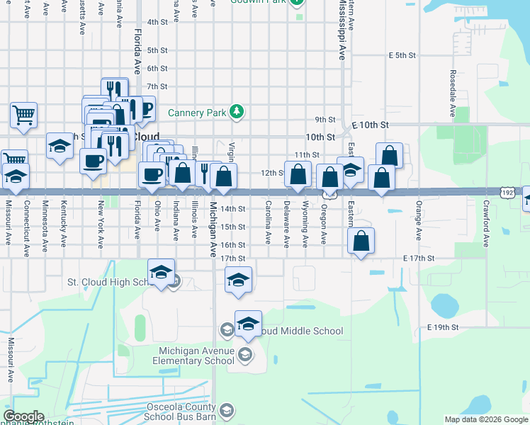 map of restaurants, bars, coffee shops, grocery stores, and more near 351 14th Street in St. Cloud