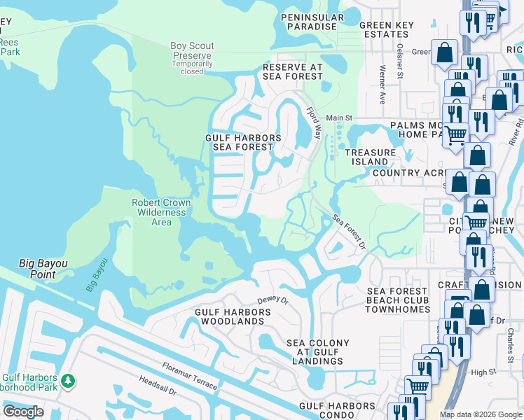 map of restaurants, bars, coffee shops, grocery stores, and more near 4516 Seagull Drive in Port Richey