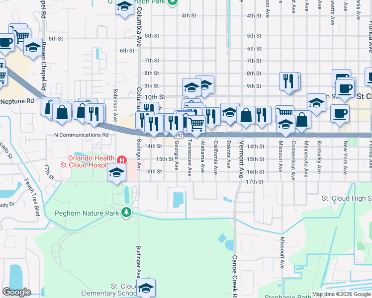 map of restaurants, bars, coffee shops, grocery stores, and more near 1400 Tennessee Avenue in Saint Cloud