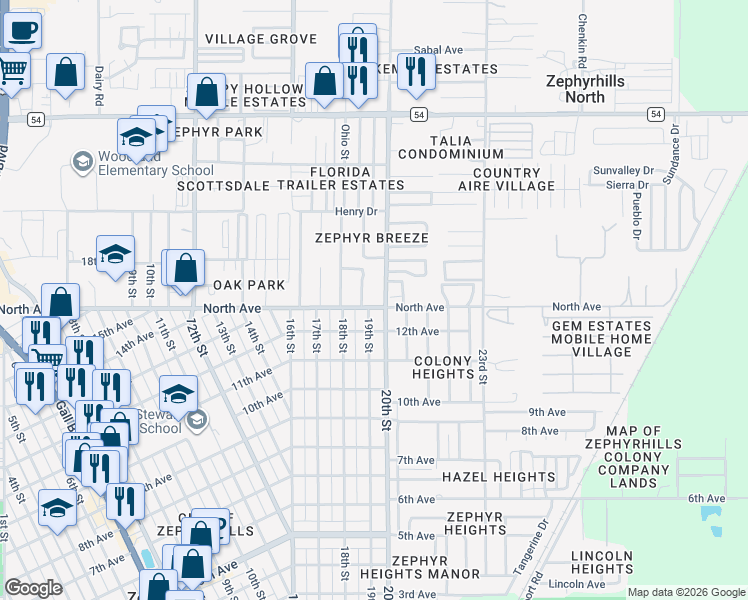 map of restaurants, bars, coffee shops, grocery stores, and more near 6007 Parkhill Terrace Drive in Zephyrhills