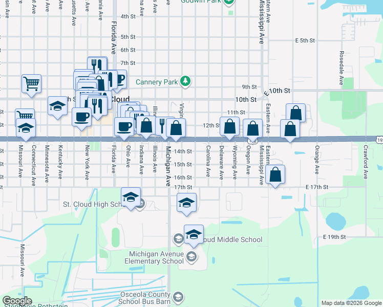 map of restaurants, bars, coffee shops, grocery stores, and more near 1401 Maryland Avenue in St. Cloud