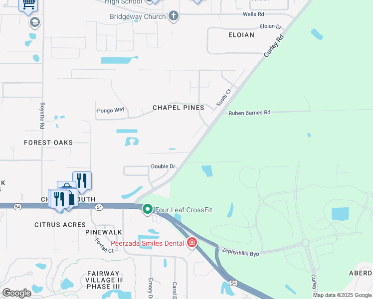 map of restaurants, bars, coffee shops, grocery stores, and more near 30725 Little Pond Road in Wesley Chapel