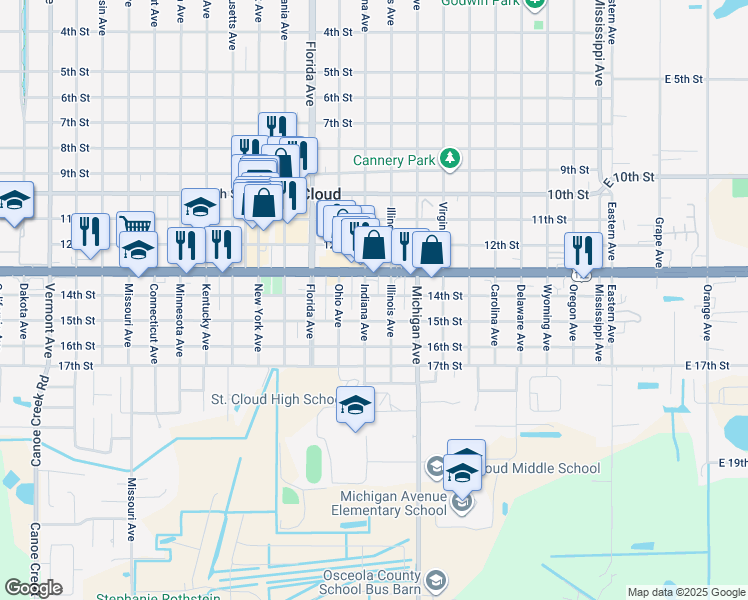 map of restaurants, bars, coffee shops, grocery stores, and more near 1401 Indiana Avenue in St. Cloud