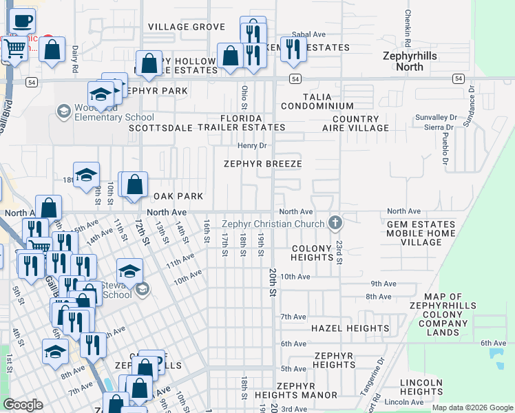 map of restaurants, bars, coffee shops, grocery stores, and more near 6007 Parkhill Terrace Drive in Zephyrhills