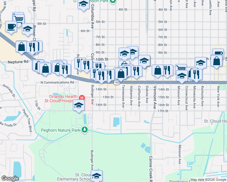 map of restaurants, bars, coffee shops, grocery stores, and more near 1400 Georgia Avenue in Saint Cloud