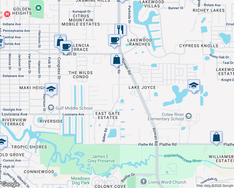 map of restaurants, bars, coffee shops, grocery stores, and more near 5917 Baker Road in New Port Richey