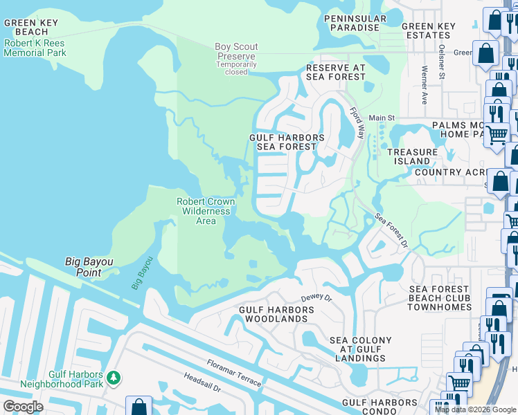 map of restaurants, bars, coffee shops, grocery stores, and more near 5853 Seaside Drive in New Port Richey