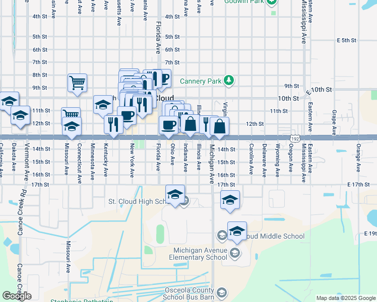 map of restaurants, bars, coffee shops, grocery stores, and more near 1401 Indiana Avenue in St. Cloud
