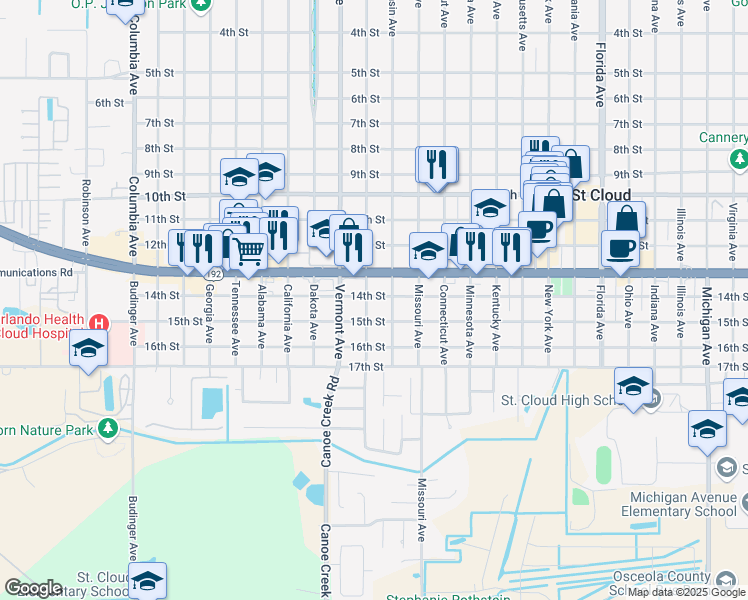 map of restaurants, bars, coffee shops, grocery stores, and more near 1401 Jersey Avenue in Saint Cloud