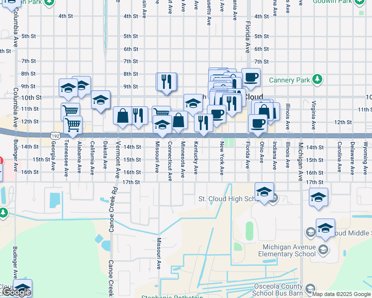 map of restaurants, bars, coffee shops, grocery stores, and more near 1401 Minnesota Avenue in St. Cloud