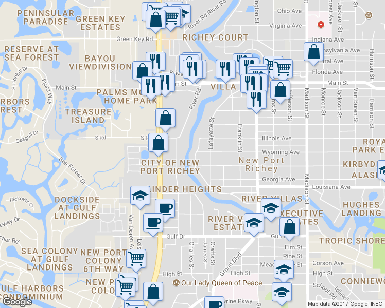 map of restaurants, bars, coffee shops, grocery stores, and more near 5909 Rio Drive in New Port Richey