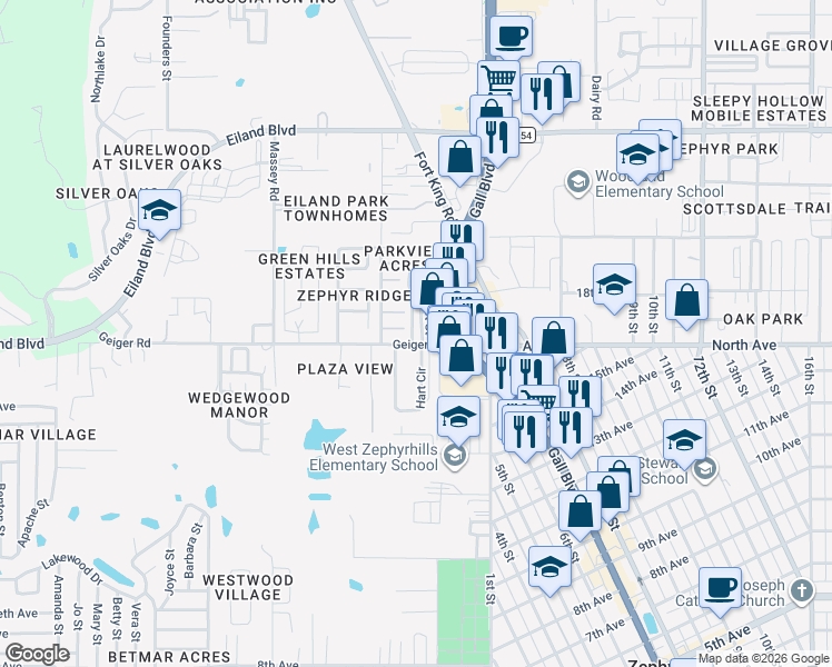 map of restaurants, bars, coffee shops, grocery stores, and more near 6014 Minerva Street in Zephyrhills