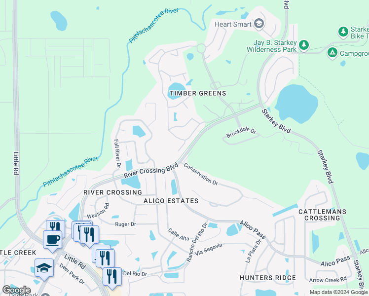 map of restaurants, bars, coffee shops, grocery stores, and more near 5930 Willow Creek Court in New Port Richey