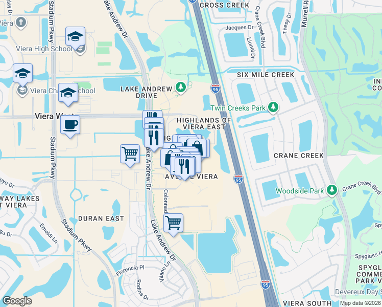 map of restaurants, bars, coffee shops, grocery stores, and more near 6460 Borasco Drive in Melbourne