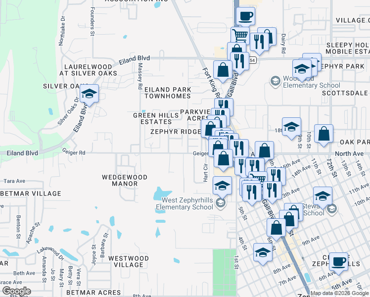 map of restaurants, bars, coffee shops, grocery stores, and more near 6012 Ridgeway Drive in Zephyrhills