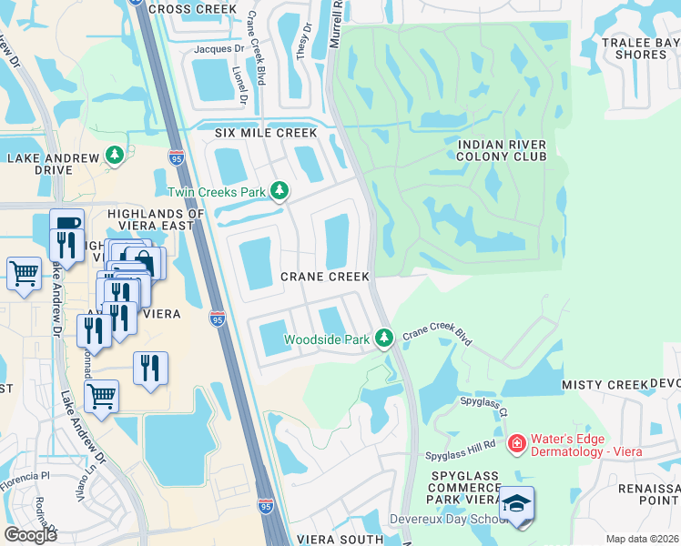 map of restaurants, bars, coffee shops, grocery stores, and more near 1413 Old Millpond Road in Melbourne