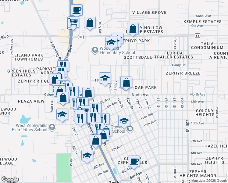 map of restaurants, bars, coffee shops, grocery stores, and more near 6015 10th Street in Zephyrhills