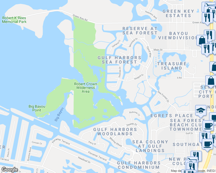 map of restaurants, bars, coffee shops, grocery stores, and more near 5853 Seaside Drive in New Port Richey