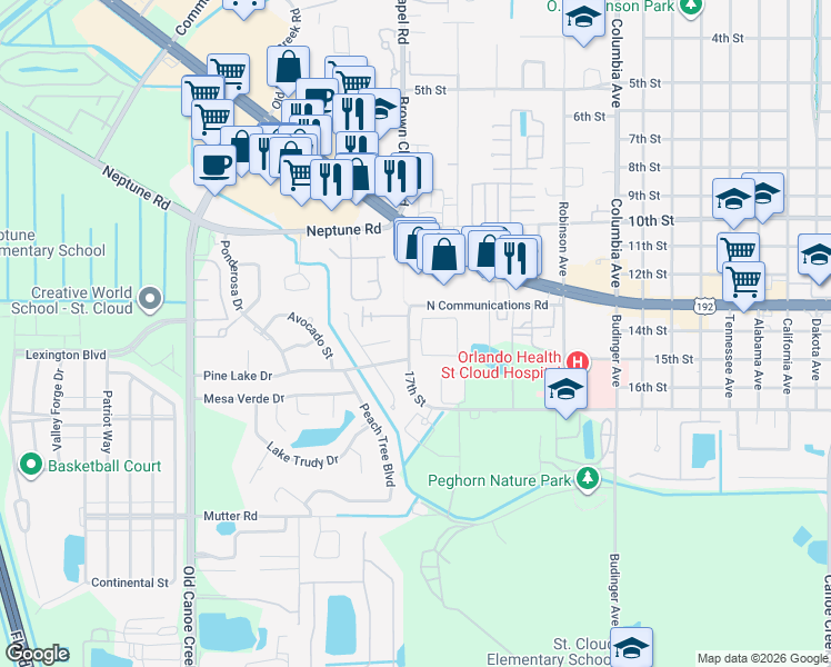 map of restaurants, bars, coffee shops, grocery stores, and more near 3415 Celena Circle in St. Cloud