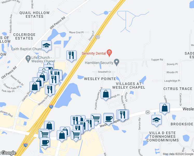 map of restaurants, bars, coffee shops, grocery stores, and more near 6103 Sand Key Lane in Wesley Chapel