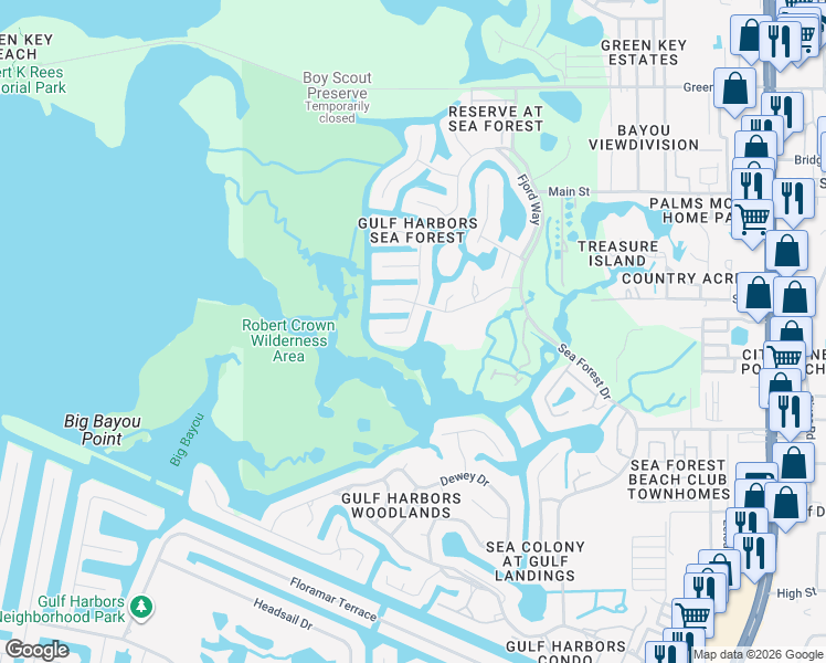 map of restaurants, bars, coffee shops, grocery stores, and more near 5950 Seaside Drive in New Port Richey