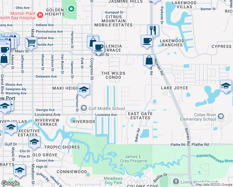 map of restaurants, bars, coffee shops, grocery stores, and more near 5915 Eastlake Drive in New Port Richey