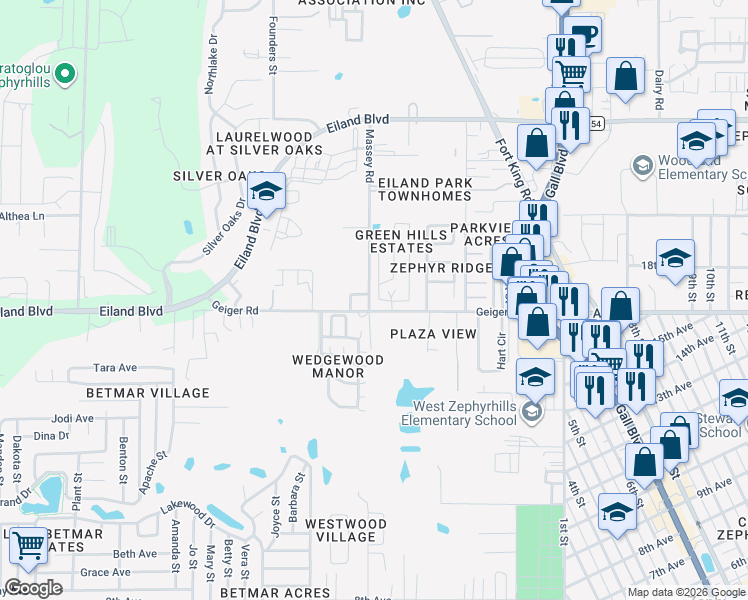 map of restaurants, bars, coffee shops, grocery stores, and more near 6021 Ridgewood Drive in Zephyrhills