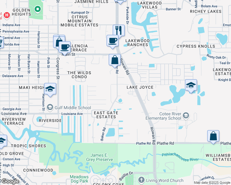 map of restaurants, bars, coffee shops, grocery stores, and more near 5917 Baker Road in New Port Richey