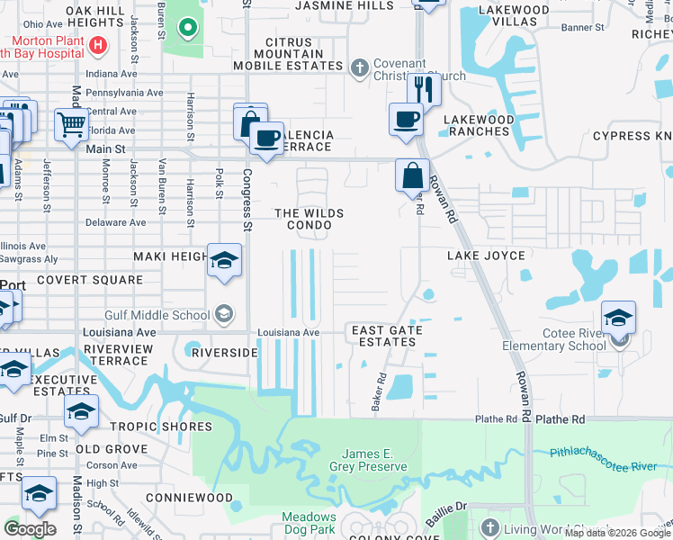 map of restaurants, bars, coffee shops, grocery stores, and more near 6801 Huckleberry Drive in New Port Richey