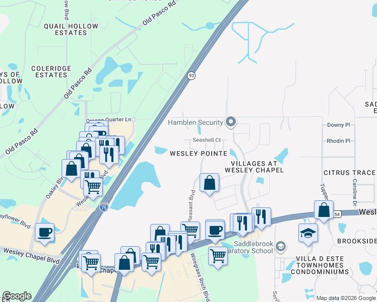 map of restaurants, bars, coffee shops, grocery stores, and more near 6115 Sand Key Lane in Wesley Chapel