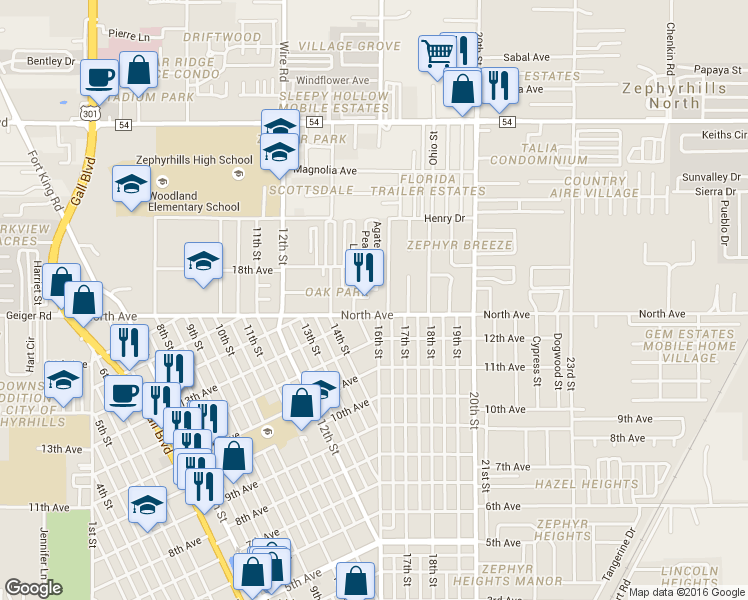 map of restaurants, bars, coffee shops, grocery stores, and more near 38718 Rose Lane in Zephyrhills