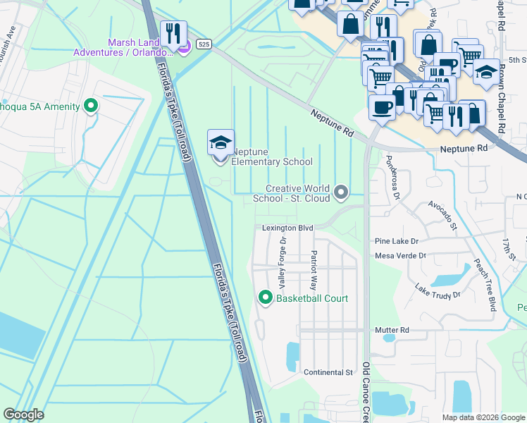 map of restaurants, bars, coffee shops, grocery stores, and more near 5040 Spangle Drive in St. Cloud