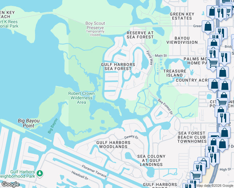 map of restaurants, bars, coffee shops, grocery stores, and more near 5950 Seaside Drive in New Port Richey
