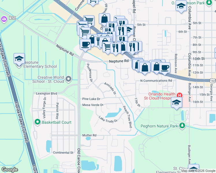 map of restaurants, bars, coffee shops, grocery stores, and more near 708 Avocado Street in St. Cloud