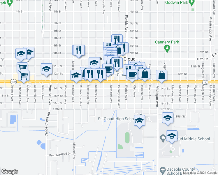 map of restaurants, bars, coffee shops, grocery stores, and more near in St. Cloud