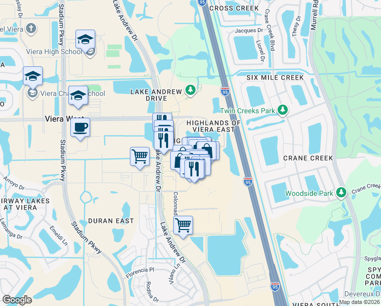 map of restaurants, bars, coffee shops, grocery stores, and more near 6450 Borasco Drive in Melbourne