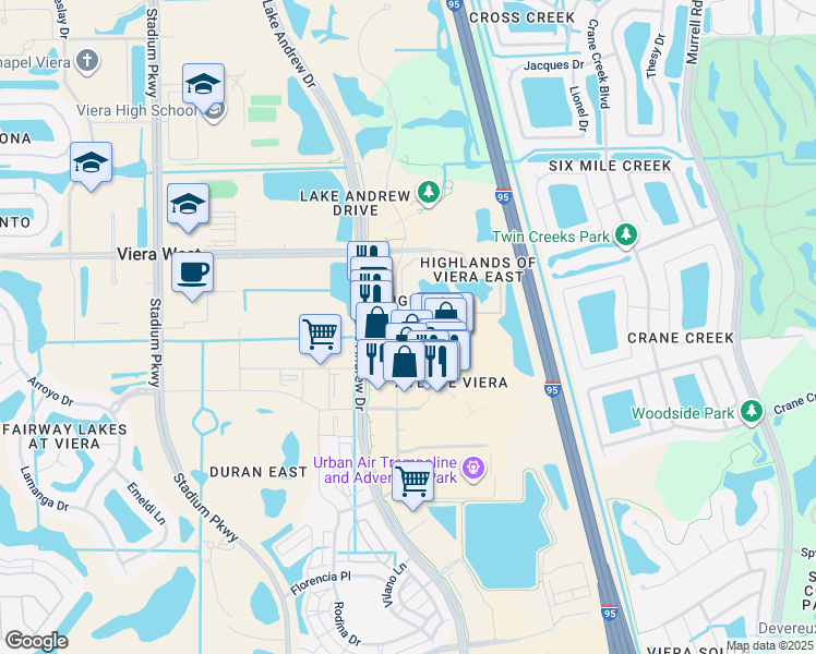 map of restaurants, bars, coffee shops, grocery stores, and more near 6440 Borasco Drive in Melbourne