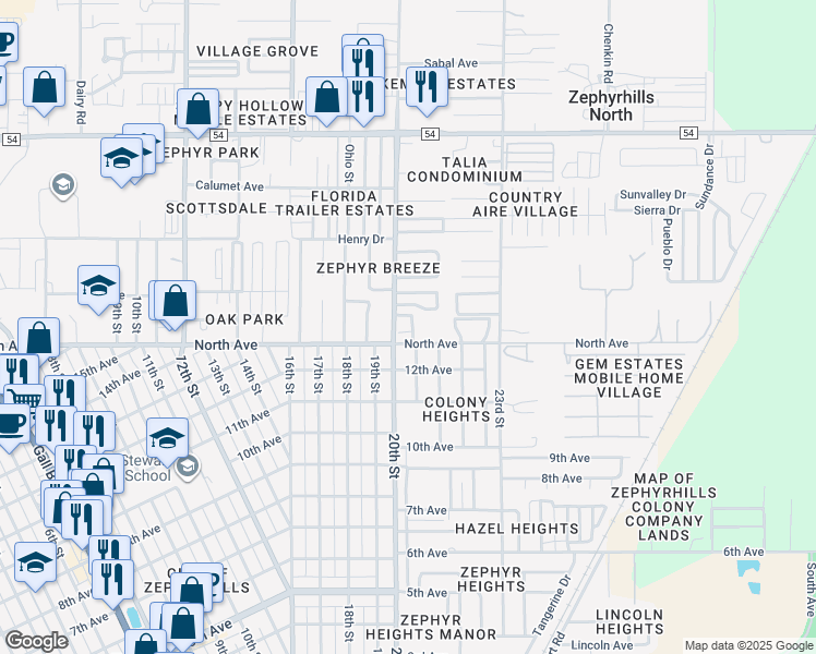 map of restaurants, bars, coffee shops, grocery stores, and more near 6013 Green Drive in Zephyrhills