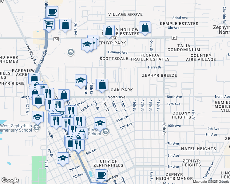 map of restaurants, bars, coffee shops, grocery stores, and more near 38520 Naomi Avenue in Zephyrhills