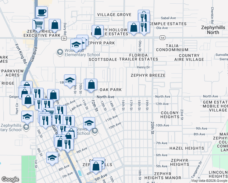 map of restaurants, bars, coffee shops, grocery stores, and more near 6014 14th Street in Zephyrhills