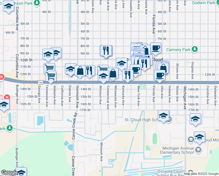 map of restaurants, bars, coffee shops, grocery stores, and more near 1323 Connecticut Avenue in St. Cloud